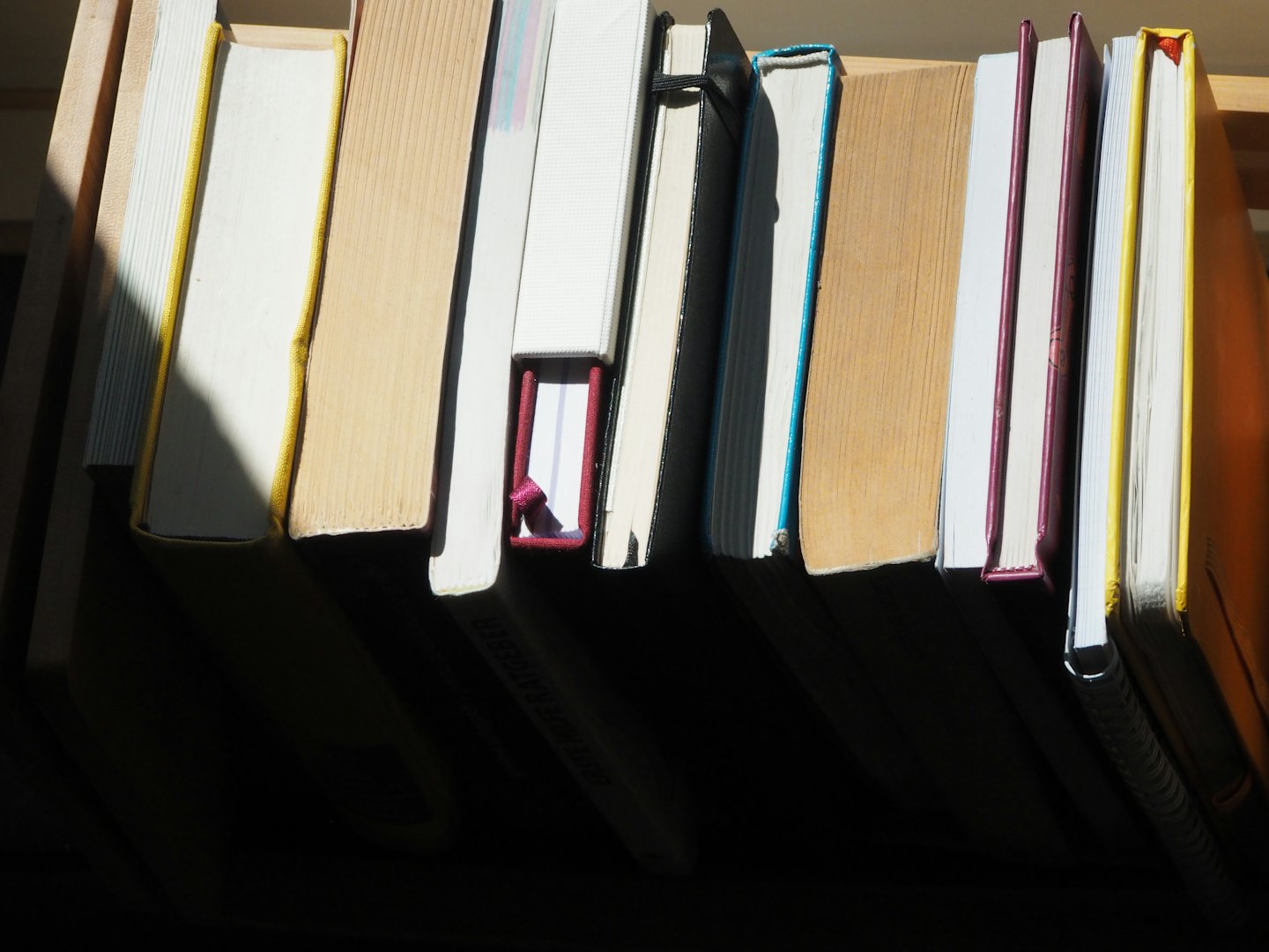 Various books stand upright on a wooden shelf.